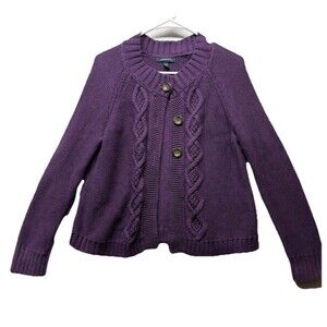 Lands End Women Cardigan Sweater Sz M Petite Purple Cable Knit Chunky Button Up